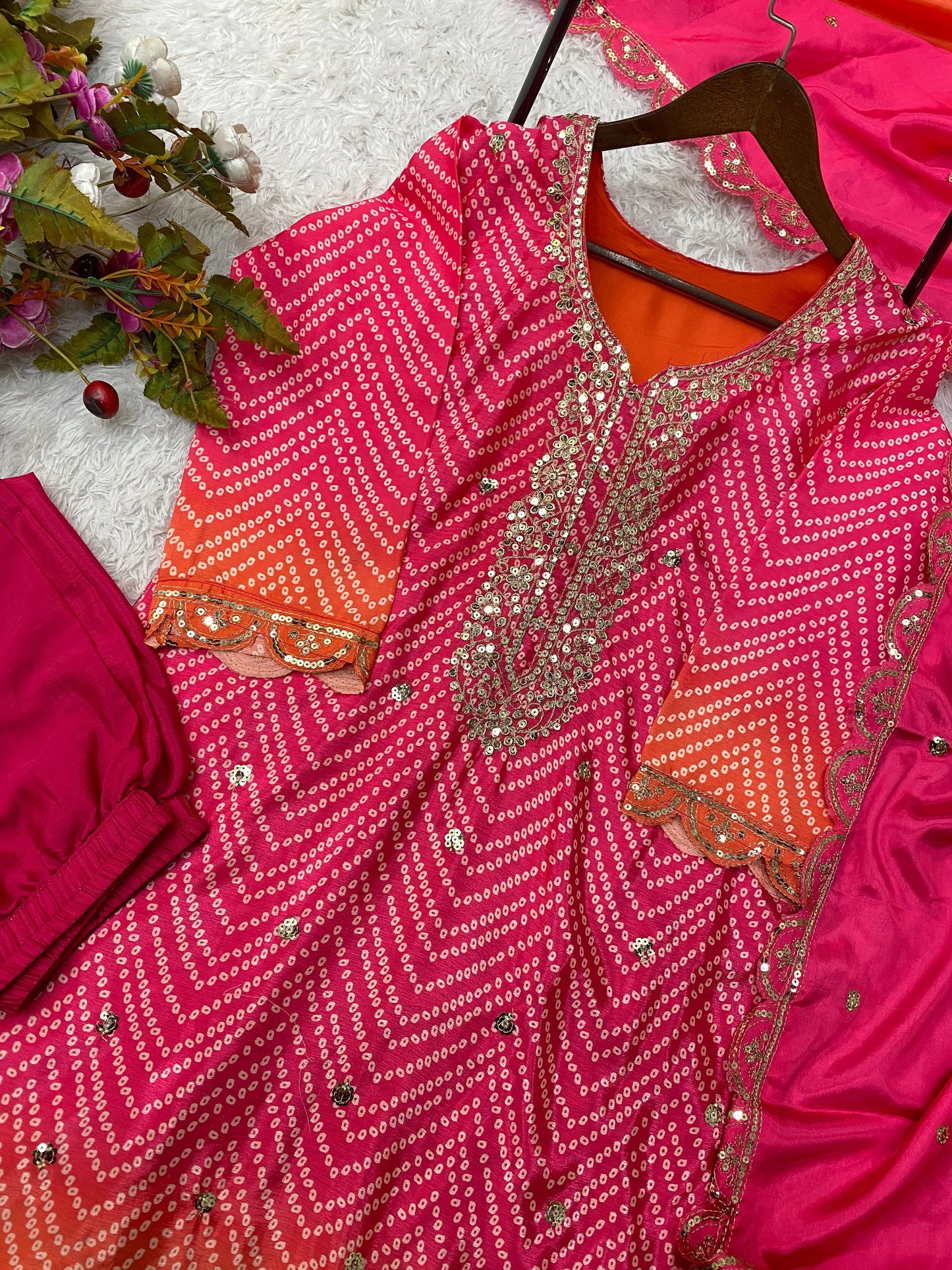 Beautiful Pink Color Pure Chinon Silk Printed With Sequences Embroidery Work Salwar Suit