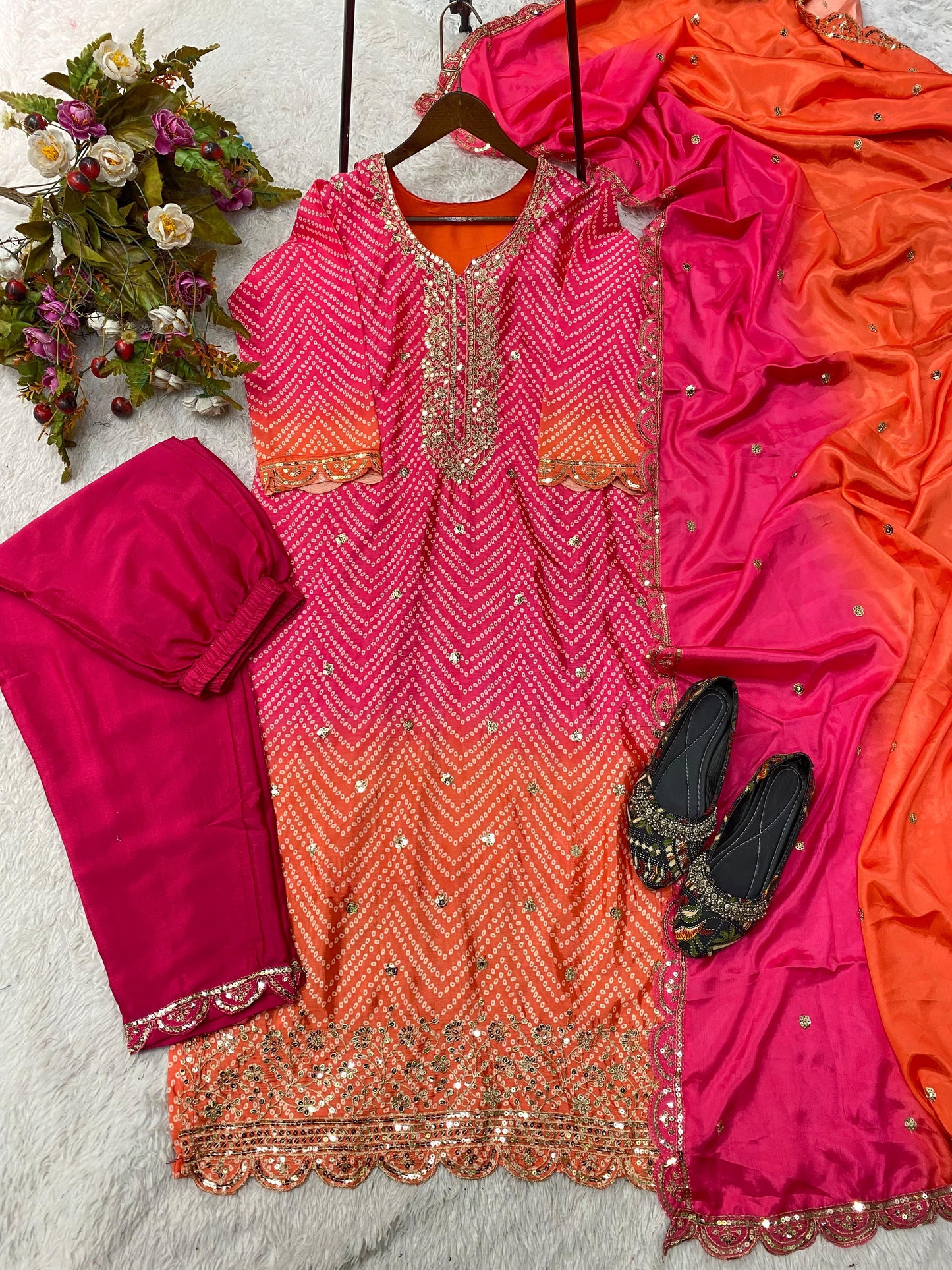Beautiful Pink Color Pure Chinon Silk Printed With Sequences Embroidery Work Salwar Suit