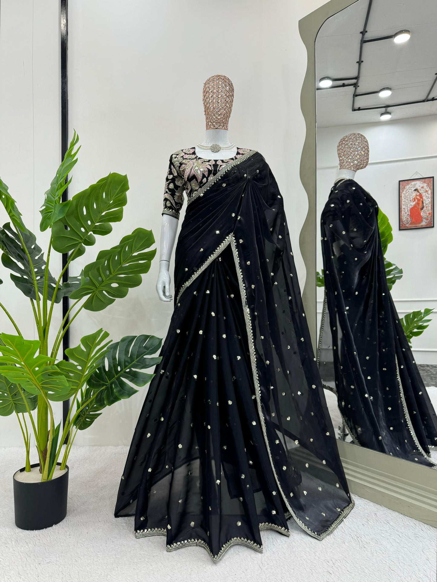 Beautiful Black Color Designer Jimmy Chu Sequence And Thread Work Saree