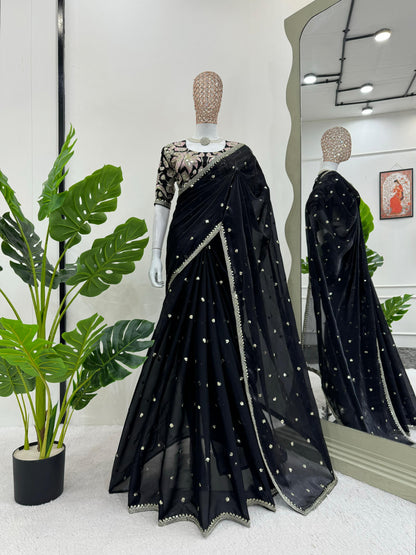 Beautiful Black Color Designer Jimmy Chu Sequence And Thread Work Saree