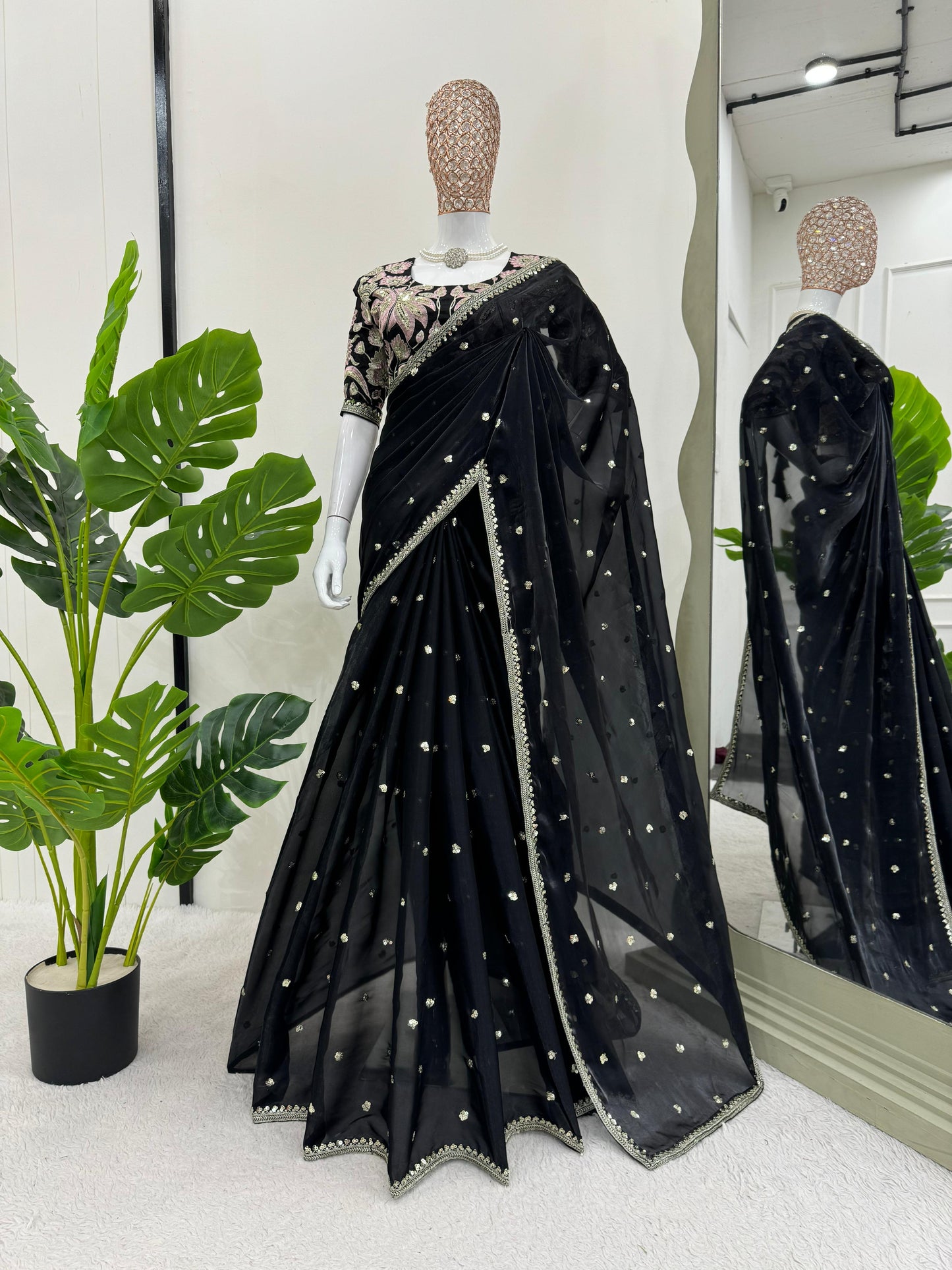 Beautiful Black Color Designer Jimmy Chu Sequence And Thread Work Saree