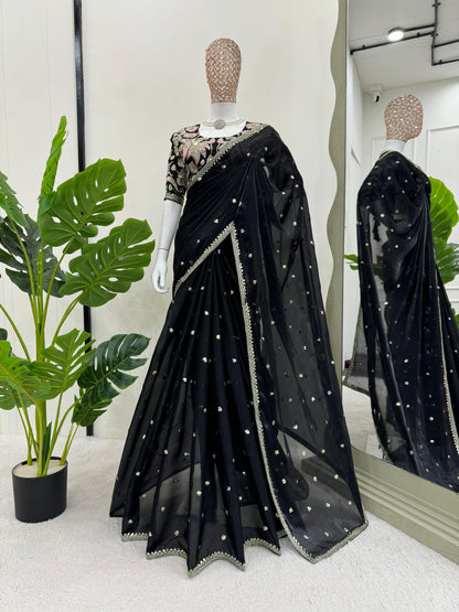 Beautiful Black Color Designer Jimmy Chu Sequence And Thread Work Saree