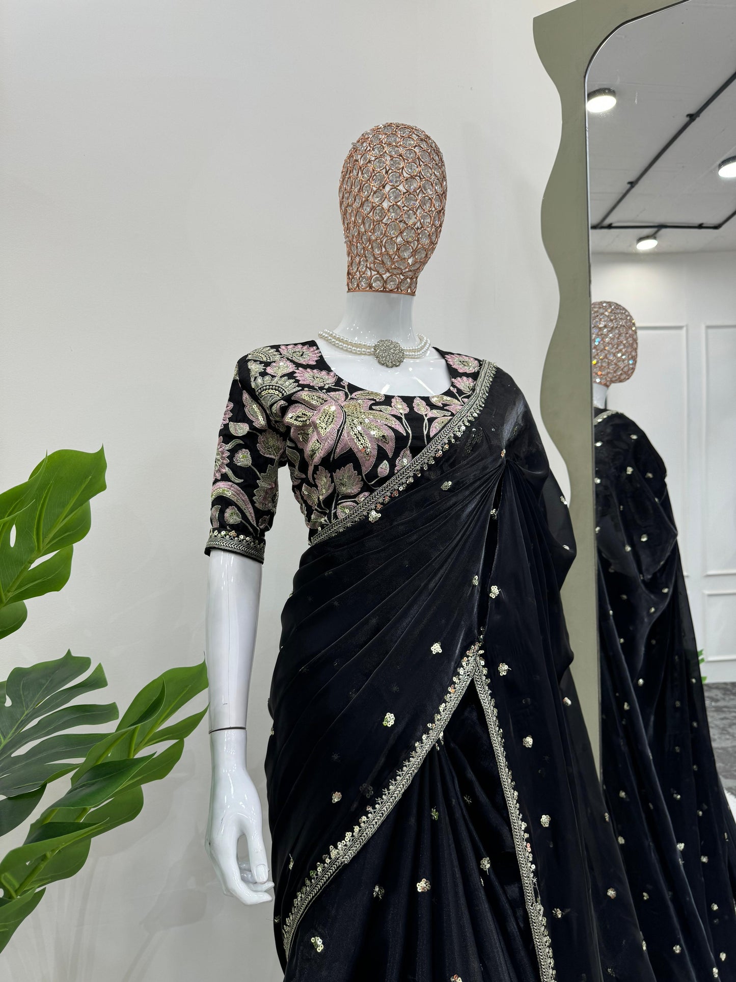Beautiful Black Color Designer Jimmy Chu Sequence And Thread Work Saree