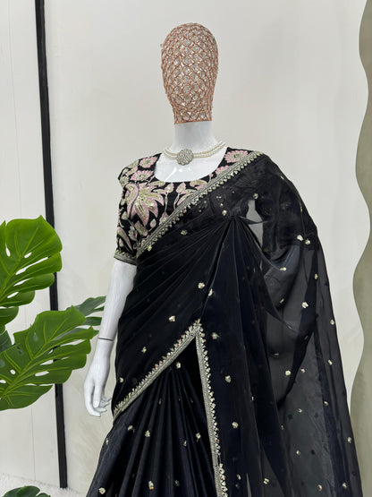 Beautiful Black Color Designer Jimmy Chu Sequence And Thread Work Saree