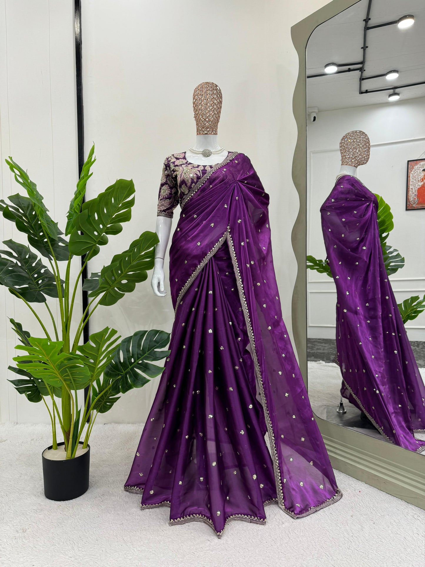 Beautiful Purple Color Designer Jimmy Chu Sequence And Thread Work Saree