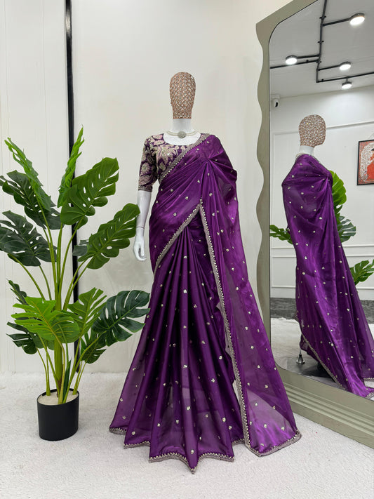 Beautiful Purple Color Designer Jimmy Chu Sequence And Thread Work Saree