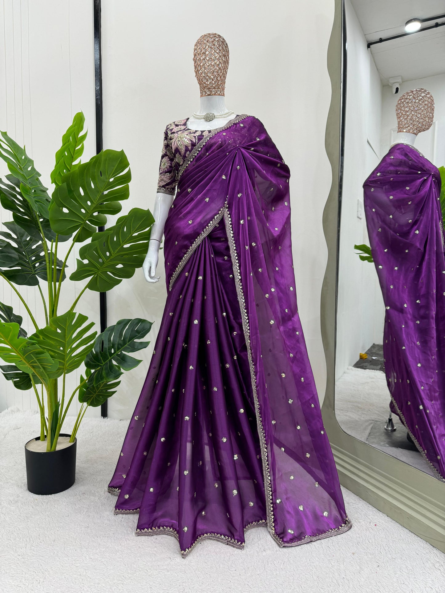 Beautiful Purple Color Designer Jimmy Chu Sequence And Thread Work Saree