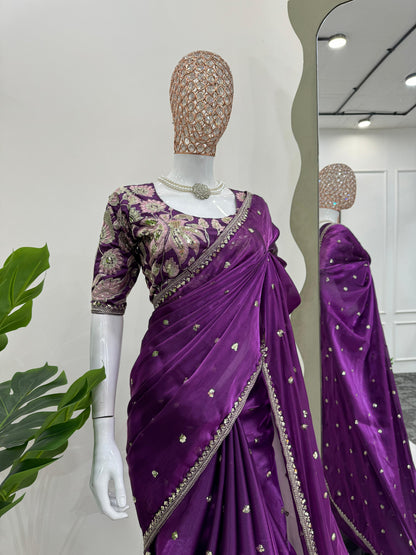 Beautiful Purple Color Designer Jimmy Chu Sequence And Thread Work Saree