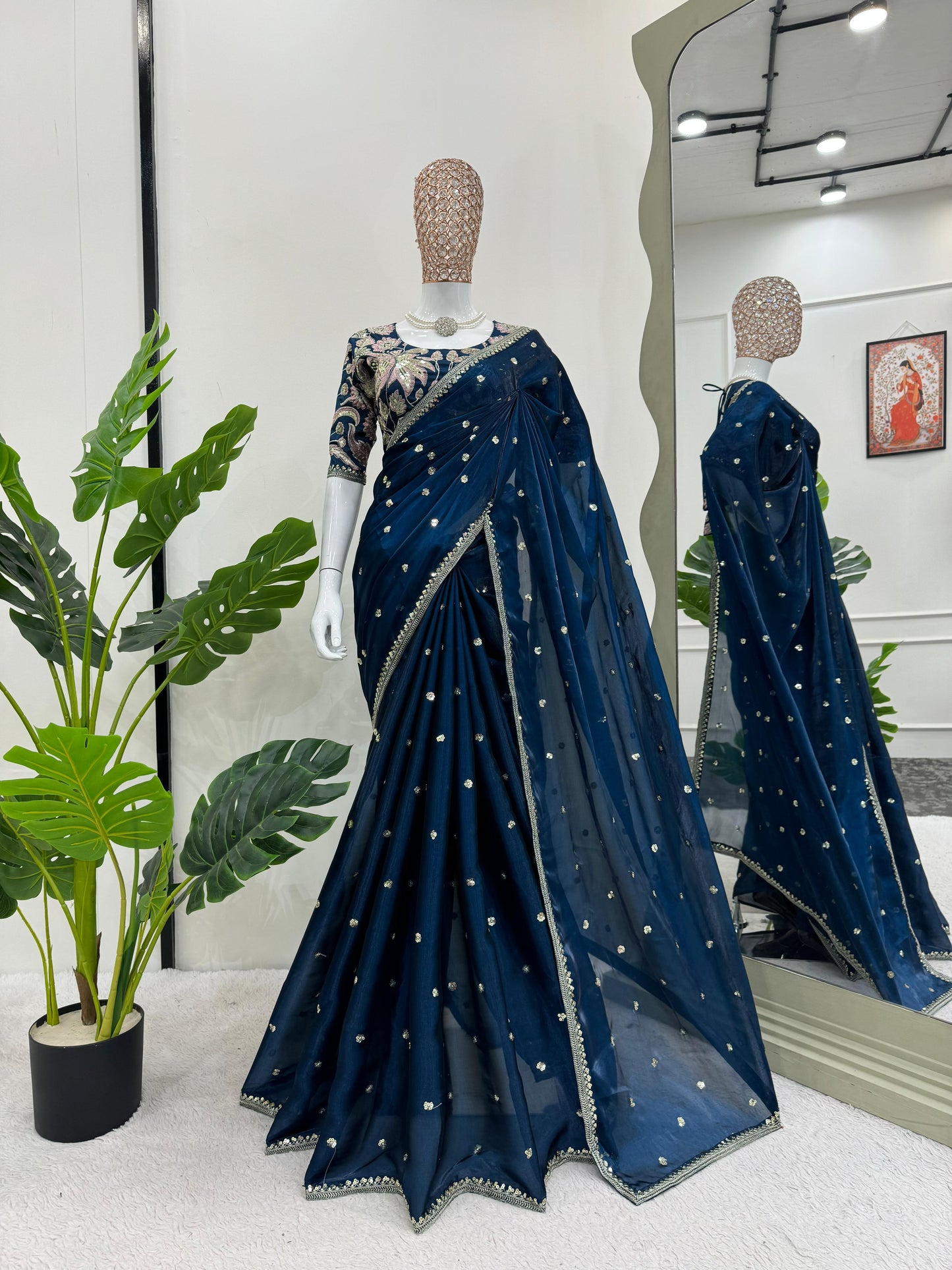 Beautiful Teal Blue Color Designer Jimmy Chu Sequence And Thread Work Saree