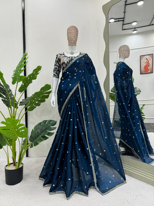 Beautiful Teal Blue Color Designer Jimmy Chu Sequence And Thread Work Saree