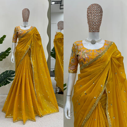 Beautiful Mustard Color Designer Jimmy Chu Sequence And Thread Work Saree