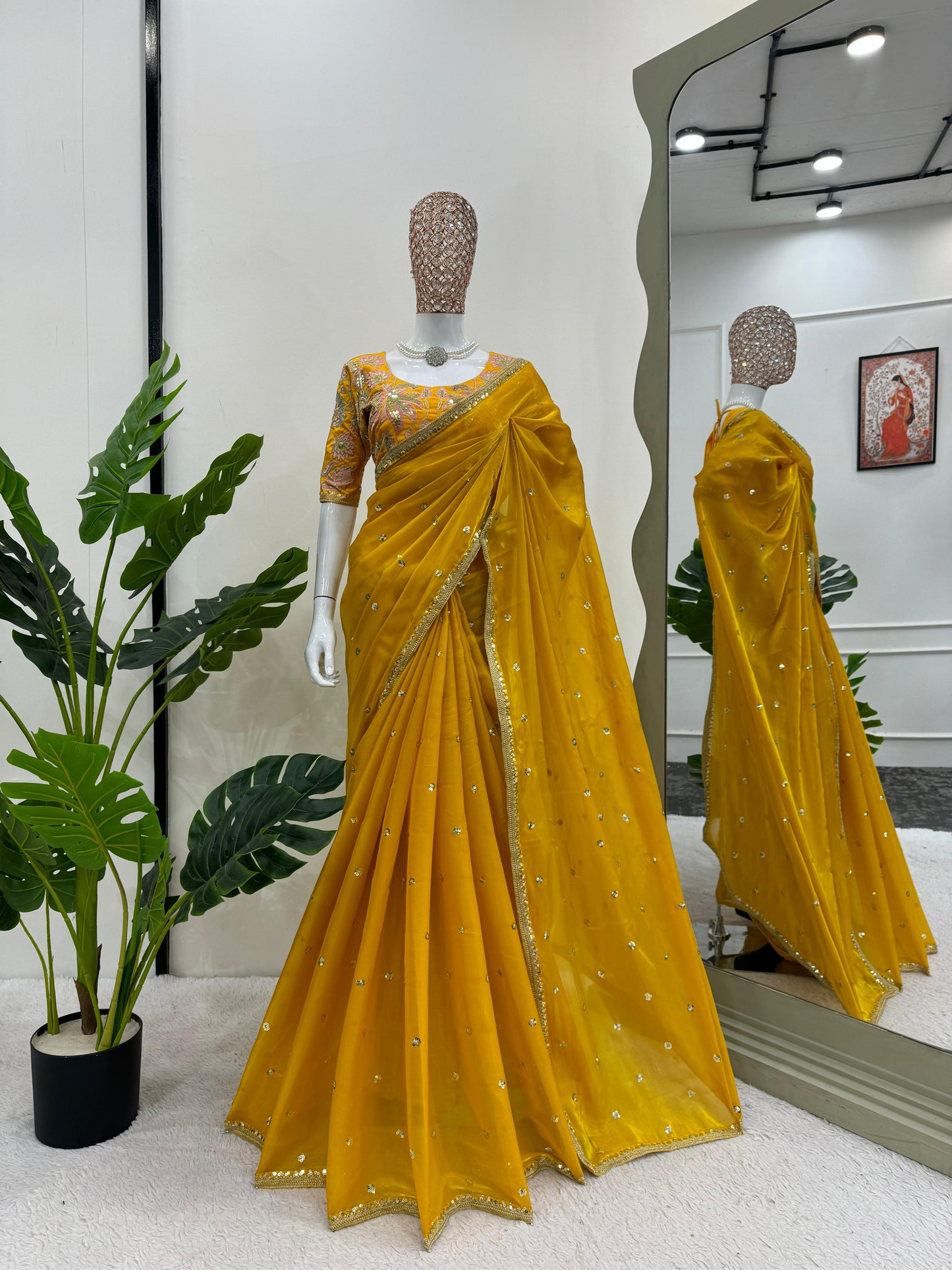 Beautiful Mustard Color Designer Jimmy Chu Sequence And Thread Work Saree