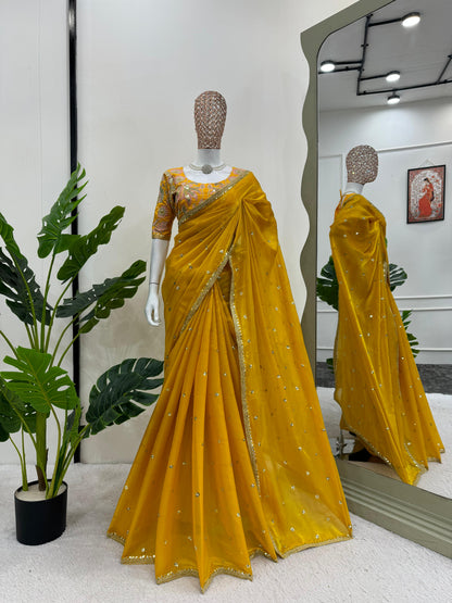 Beautiful Mustard Color Designer Jimmy Chu Sequence And Thread Work Saree