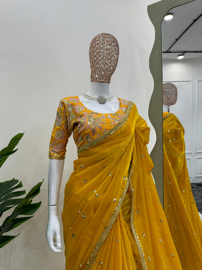 Beautiful Mustard Color Designer Jimmy Chu Sequence And Thread Work Saree