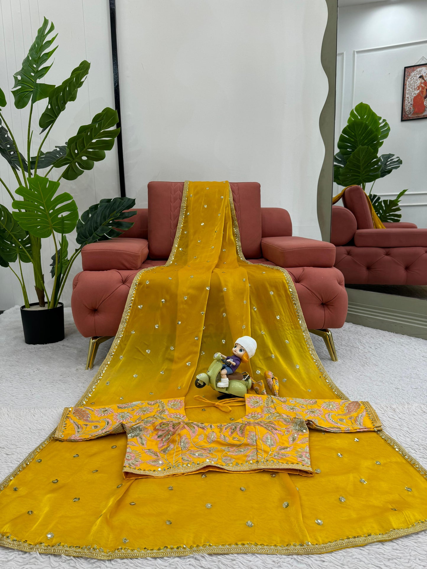 Beautiful Mustard Color Designer Jimmy Chu Sequence And Thread Work Saree