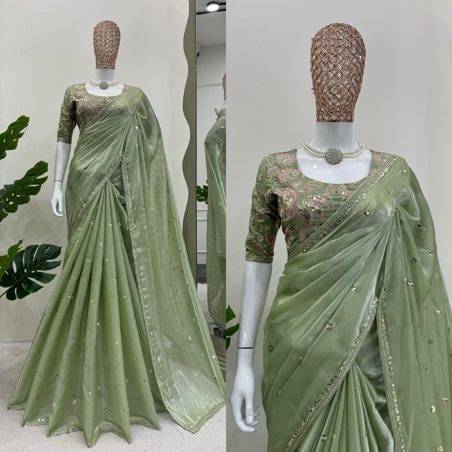 Beautiful Light Green Color Designer Jimmy Chu Sequence And Thread Work Saree