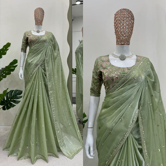 Beautiful Light Green Color Designer Jimmy Chu Sequence And Thread Work Saree