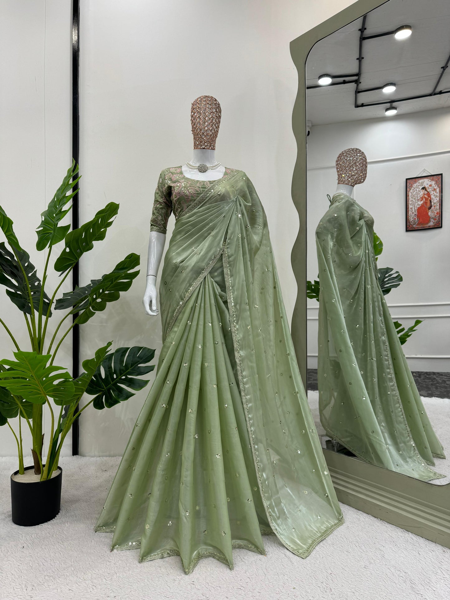 Beautiful Light Green Color Designer Jimmy Chu Sequence And Thread Work Saree