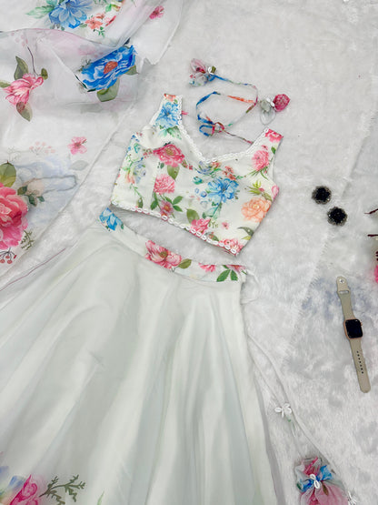Wedding Wear Off White Color Floral Organza Silk Blouse With Kodi And Sequence Work Designer Lehenga Choli