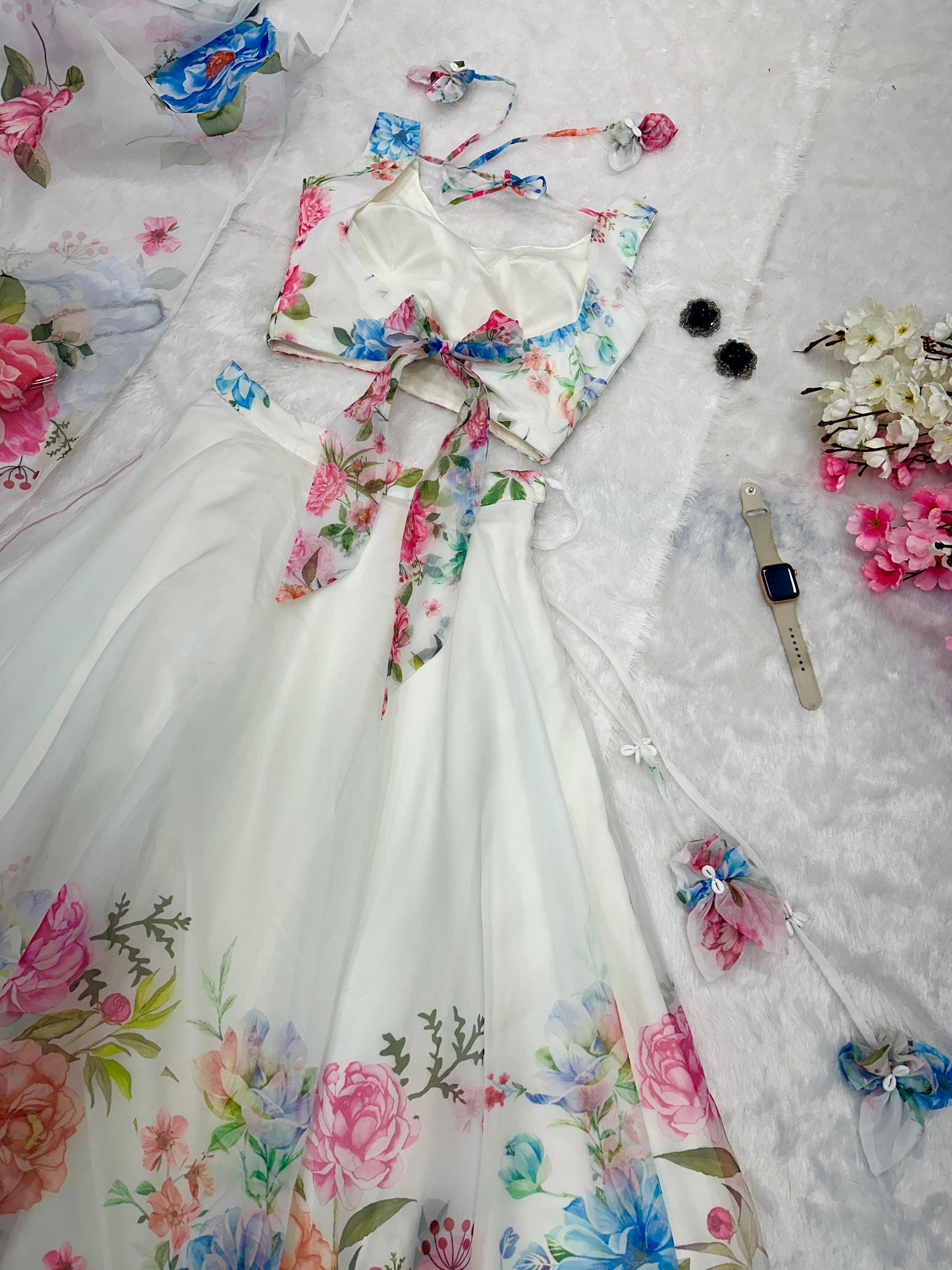 Wedding Wear Off White Color Floral Organza Silk Blouse With Kodi And Sequence Work Designer Lehenga Choli