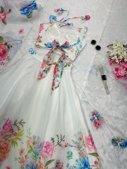 Wedding Wear Off White Color Floral Organza Silk Blouse With Kodi And Sequence Work Designer Lehenga Choli