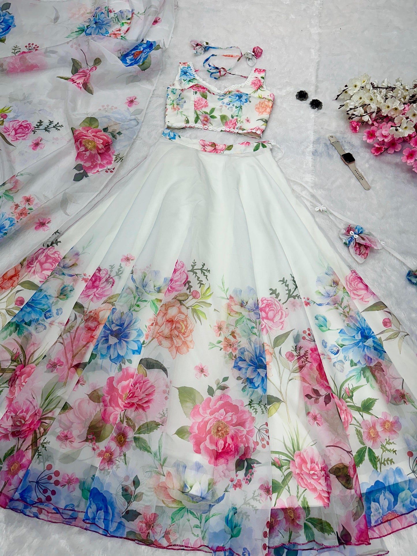 Wedding Wear Off White Color Floral Organza Silk Blouse With Kodi And Sequence Work Designer Lehenga Choli