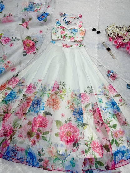 Wedding Wear Off White Color Floral Organza Silk Blouse With Kodi And Sequence Work Designer Lehenga Choli