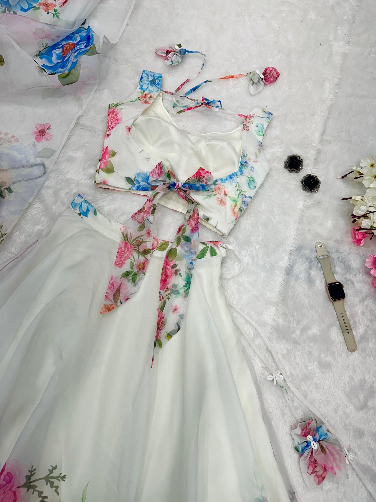 Wedding Wear Off White Color Floral Organza Silk Blouse With Kodi And Sequence Work Designer Lehenga Choli
