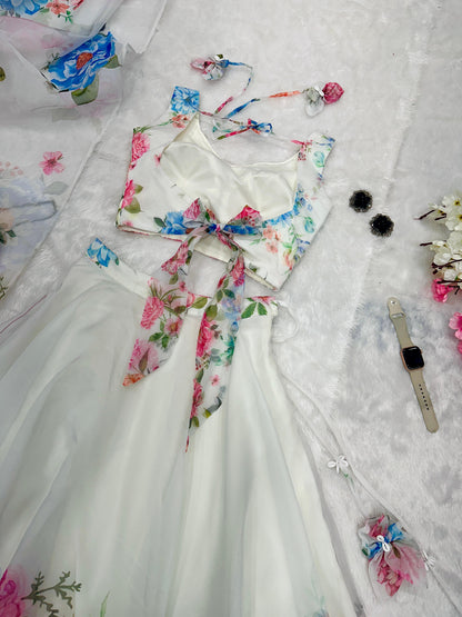 Wedding Wear Off White Color Floral Organza Silk Blouse With Kodi And Sequence Work Designer Lehenga Choli