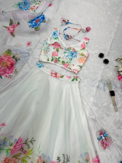 Wedding Wear Off White Color Floral Organza Silk Blouse With Kodi And Sequence Work Designer Lehenga Choli