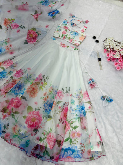 Wedding Wear Off White Color Floral Organza Silk Blouse With Kodi And Sequence Work Designer Lehenga Choli