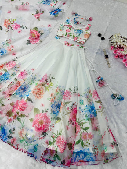 Wedding Wear Off White Color Floral Organza Silk Blouse With Kodi And Sequence Work Designer Lehenga Choli