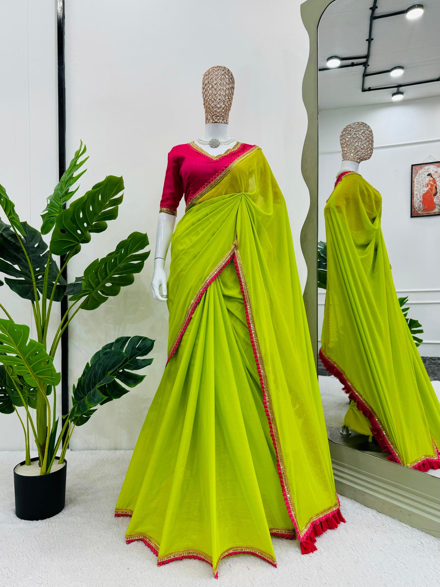 Gorgeous Parrot Green Color Mul Cotton With Fancy Lace And Heavy Latkan Designer Saree