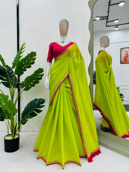 Gorgeous Parrot Green Color Mul Cotton With Fancy Lace And Heavy Latkan Designer Saree
