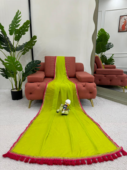 Gorgeous Parrot Green Color Mul Cotton With Fancy Lace And Heavy Latkan Designer Saree