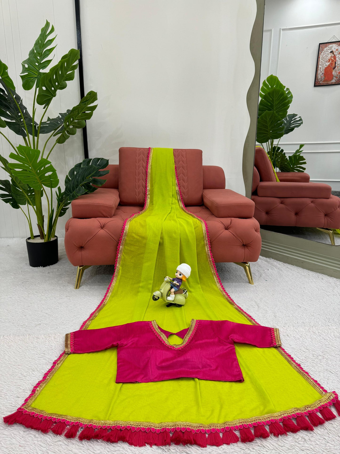 Gorgeous Parrot Green Color Mul Cotton With Fancy Lace And Heavy Latkan Designer Saree