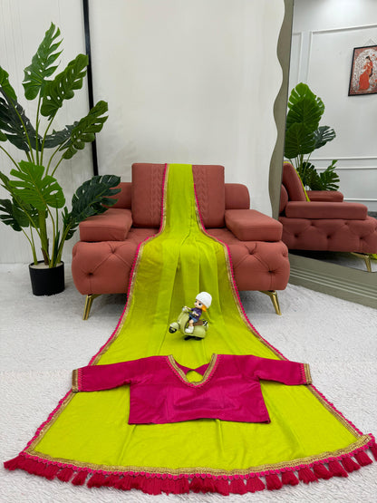 Gorgeous Parrot Green Color Mul Cotton With Fancy Lace And Heavy Latkan Designer Saree