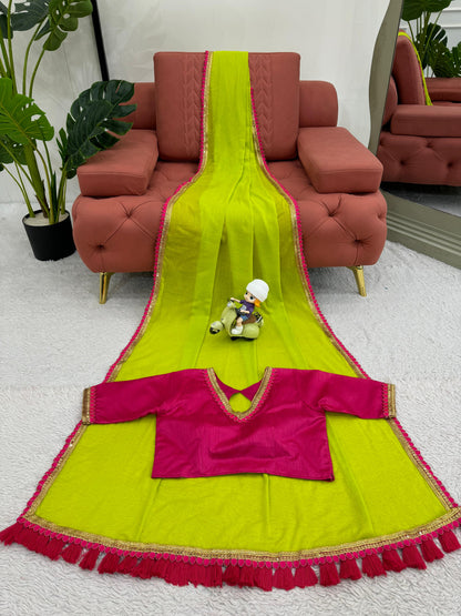 Gorgeous Parrot Green Color Mul Cotton With Fancy Lace And Heavy Latkan Designer Saree
