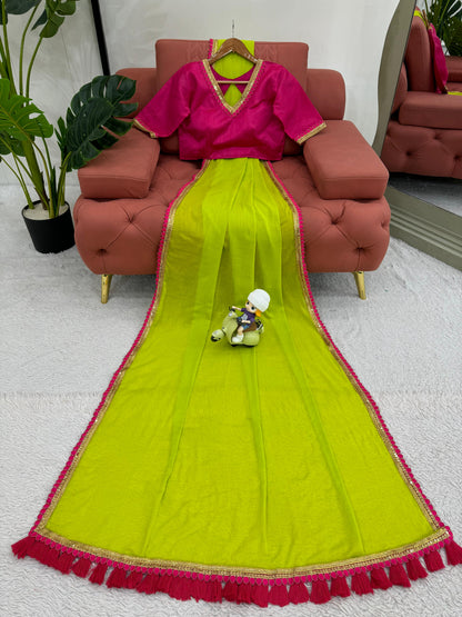 Gorgeous Parrot Green Color Mul Cotton With Fancy Lace And Heavy Latkan Designer Saree
