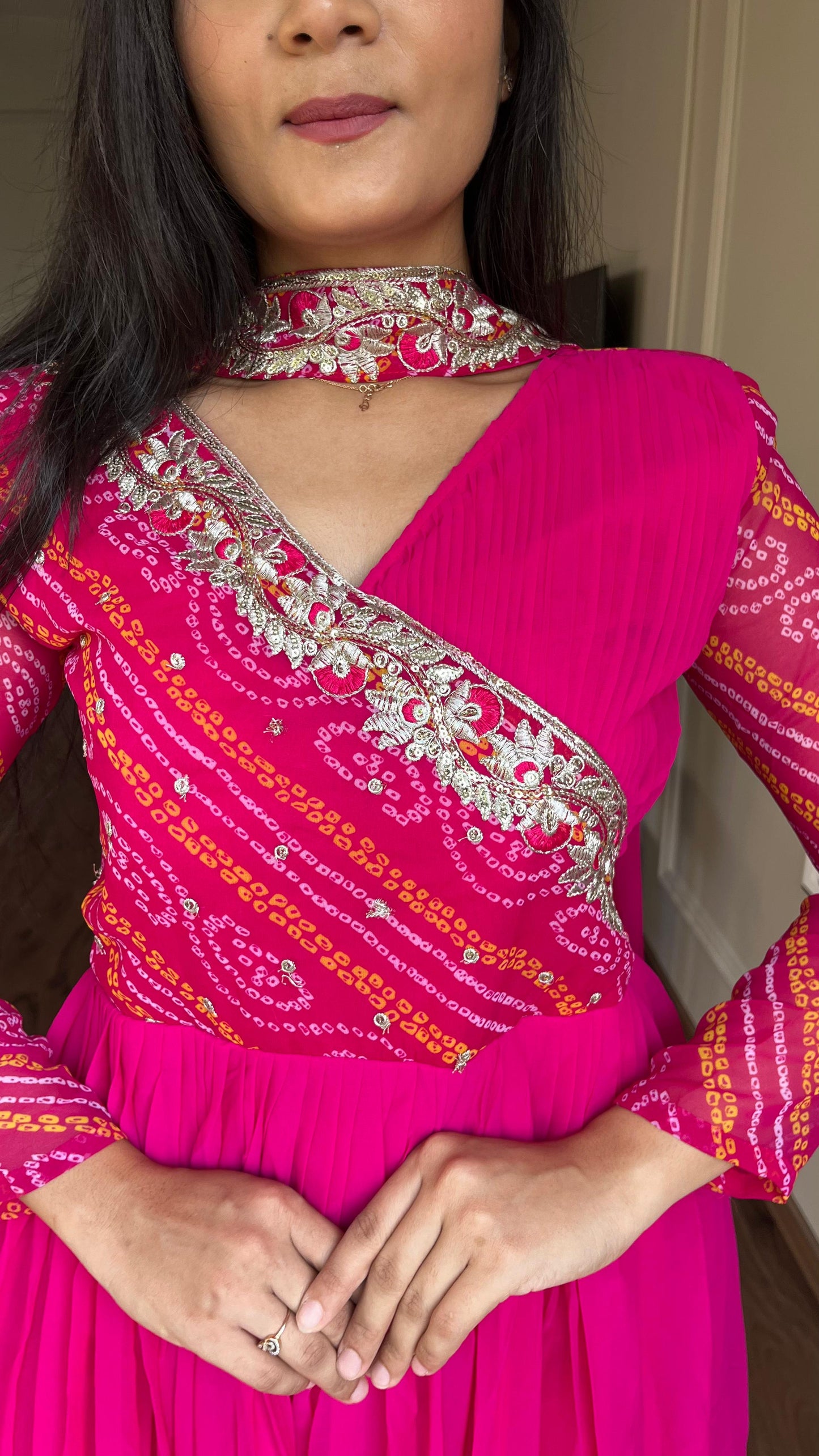 Luxuriant Pink Color Pure Bandhej With Faux Georgette And Sequence Embroidery Work Beautiful Gown