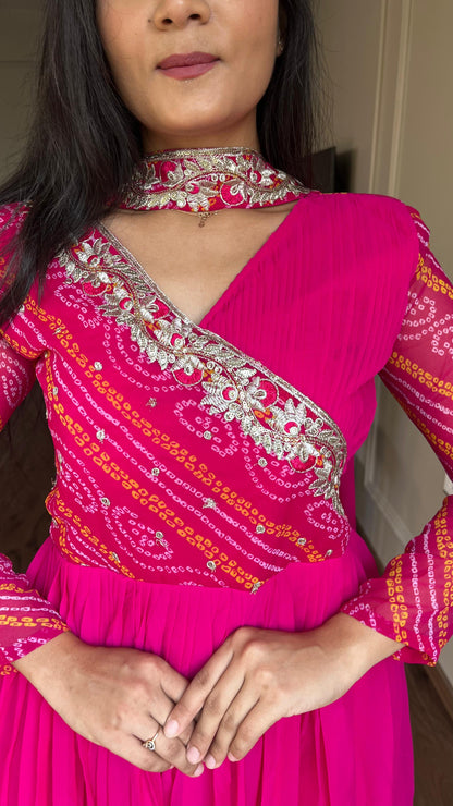 Luxuriant Pink Color Pure Bandhej With Faux Georgette And Sequence Embroidery Work Beautiful Gown
