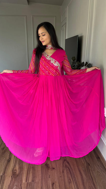 Luxuriant Pink Color Pure Bandhej With Faux Georgette And Sequence Embroidery Work Beautiful Gown