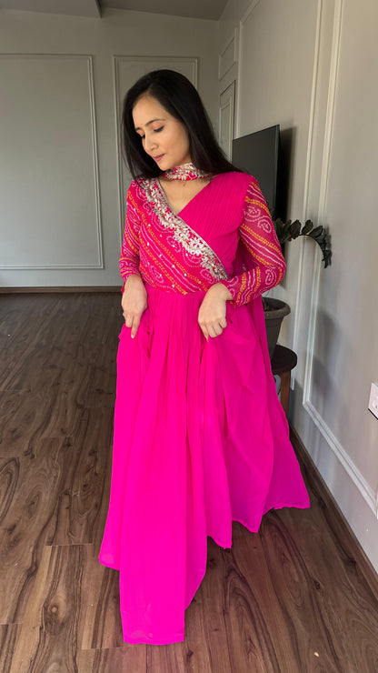 Luxuriant Pink Color Pure Bandhej With Faux Georgette And Sequence Embroidery Work Beautiful Gown