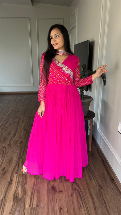 Luxuriant Pink Color Pure Bandhej With Faux Georgette And Sequence Embroidery Work Beautiful Gown