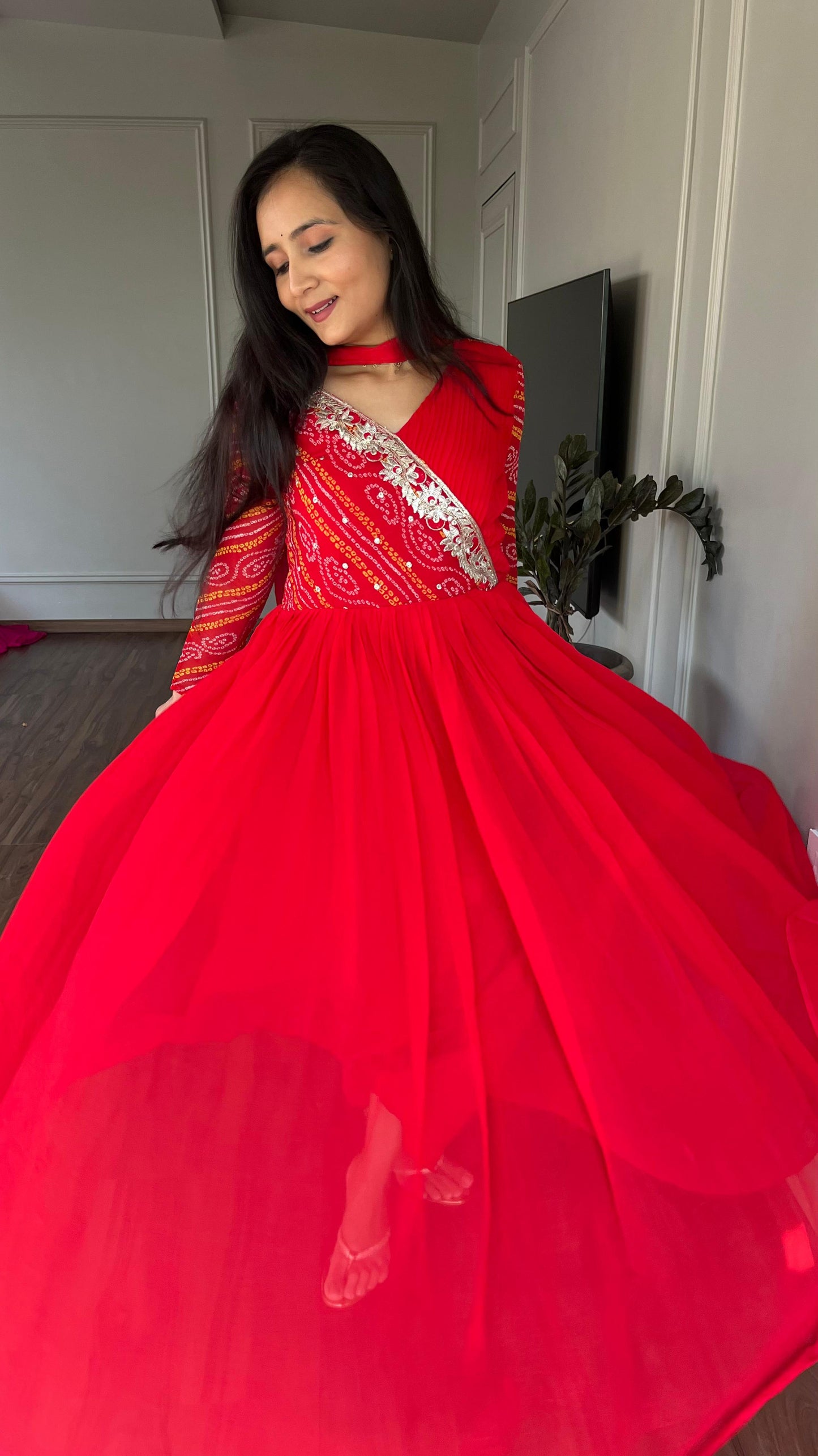 Luxuriant Red Color Pure Bandhej With Faux Georgette And Sequence Embroidery Work Beautiful Gown