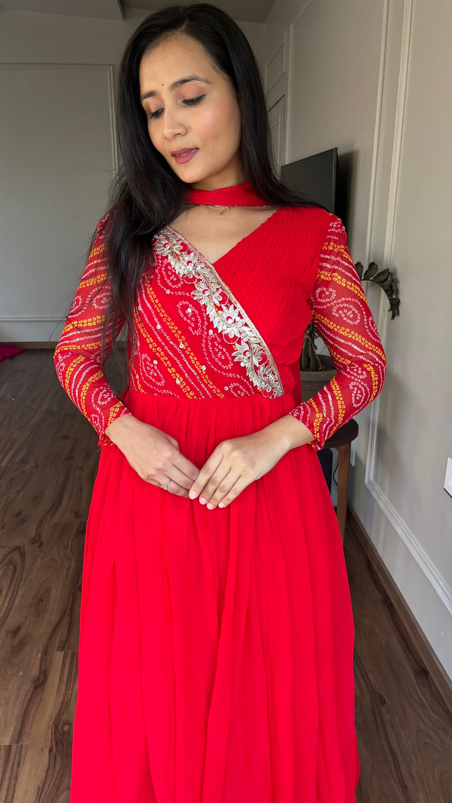 Luxuriant Red Color Pure Bandhej With Faux Georgette And Sequence Embroidery Work Beautiful Gown