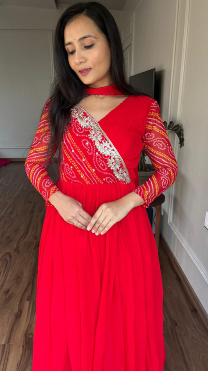 Luxuriant Red Color Pure Bandhej With Faux Georgette And Sequence Embroidery Work Beautiful Gown