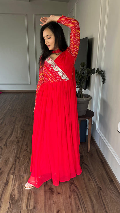 Luxuriant Red Color Pure Bandhej With Faux Georgette And Sequence Embroidery Work Beautiful Gown