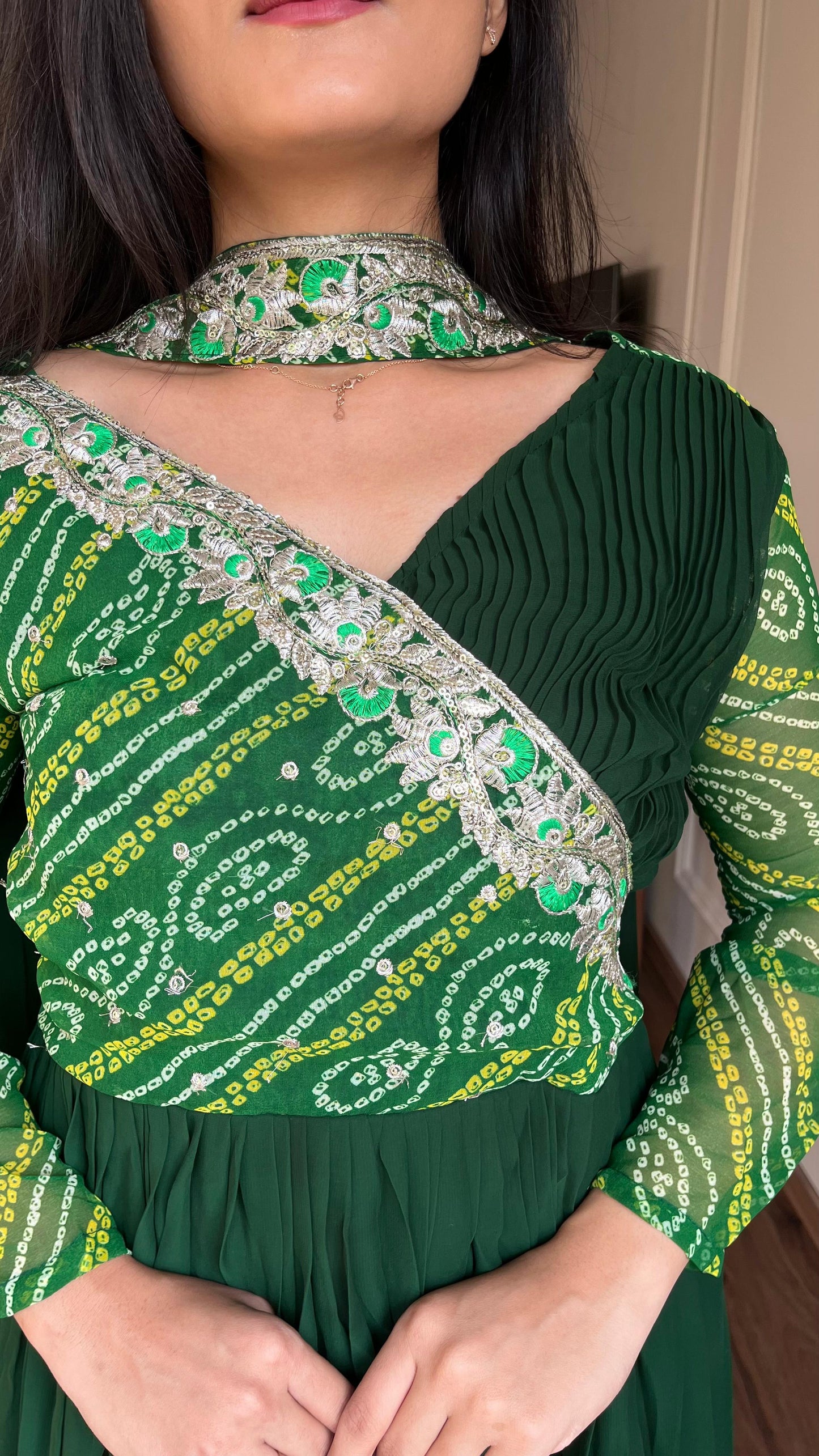 Luxuriant Green Color Pure Bandhej With Faux Georgette And Sequence Embroidery Work Beautiful Gown