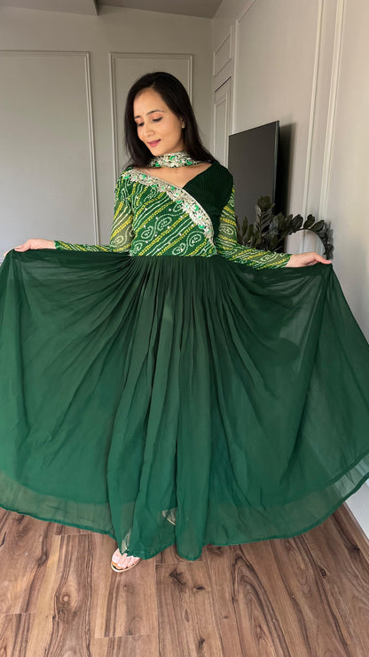 Luxuriant Green Color Pure Bandhej With Faux Georgette And Sequence Embroidery Work Beautiful Gown